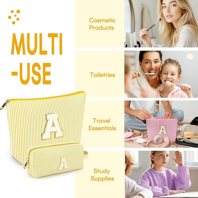 2 PCS Initial Makeup Bags for Women: Cosmetic Bag for Travel Toiletry - Birthday Gifts for 11 12 13 14 15 16 17 18 Years Old Girl Graduation Teacher Gift- Teen Girl Gifts Trendy Stuff - Yellow A