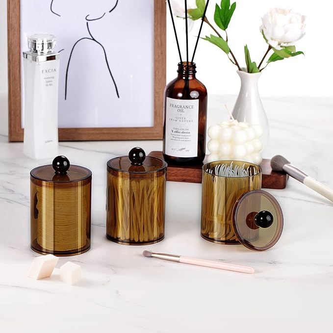 SheeChung 4-Pack Amber Acrylic Apothecary Jars - (2) 15oz & (2) 12oz Qtip Holder Set - Shatterproof Bathroom Vanity Organizer for Cotton Swabs,Balls,Pads - Modern Farmhouse Decor