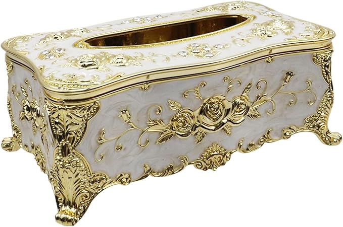 9.45"x5.43"x3.94" Luxurious Rose Tissue Box with Imitation Diamonds, Embossed Flowers, Elegant Tissue Paper Holders for Home Toilet Bath Hotel,Gold-White