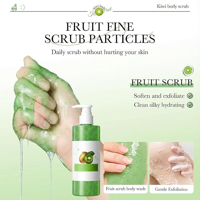 Kiwi Fruit Exfoliating Body Wash - [300ml] Vitamin C Brightening Shower Gel with Natural Seeds - Mild Body Scrub for Strawberry Legs & Rough Skin - Refreshing Scent