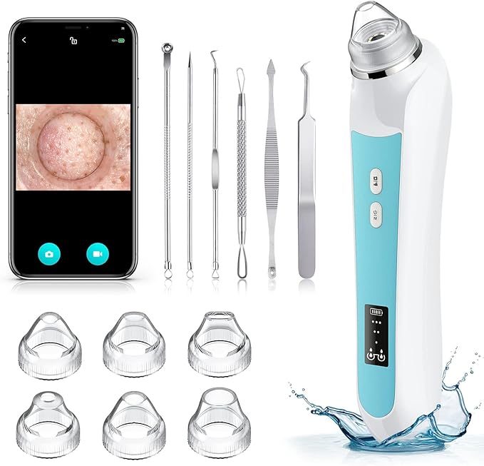 Blackhead Remover Vacuum, USB Interface Type Pore Vacuum, Black Head Extractions Tool with Camera for Men and Women Pore Cleaner, 3 Adjustment Modes & 6 Suction Heads(Blue)
