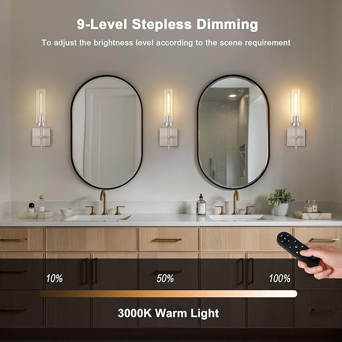 Brushed Nickel Battery Operated Wall Sconces with Remote Control, Wireless Wall Sconce Set of 2, Rechargeable Cordless Wall Lights for Living Room Bathroom Hallway Entryway Stairwell, 3000K
