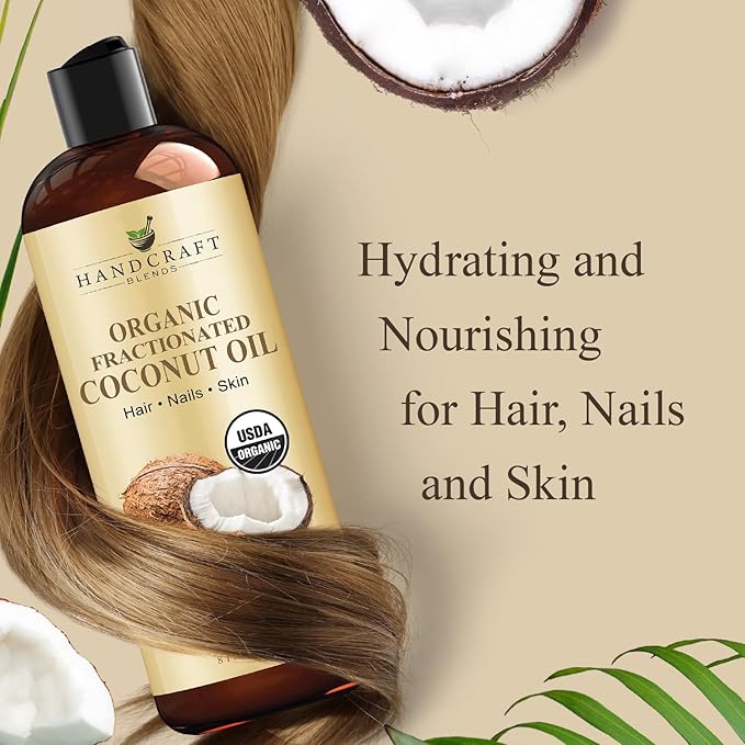 Handcraft Blends Organic Fractionated Coconut Oil | 100% Pure and Natural | Bath & Body Oil | Premium Grade Carrier Oil | Skin | Hair | Body | Massage | Hexane-Free | 8 Fl Oz
