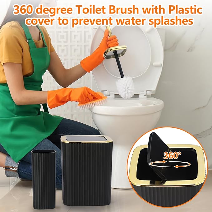 Black Bathroom Accessories Set,9 Piece Black Bathroom Accessory Set with Toothbrush Holder, Trash Can, Lotion Soap Dispenser, Toothbrush Cup, Vanity Tray, Soap Dish, Toilet Brush, Qtip Holder