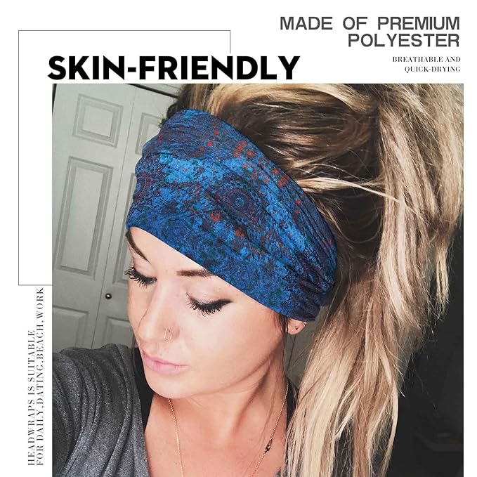 Olbye Wide Boho Headbands Floral Stretch Head Wraps Bohemian African Turban Hairbands Knotted Bandana Headband Yoga Running Head Scarfs Workout Hair Accessories for Women 4Pcs (Boho, 9.4 * 5.9'')