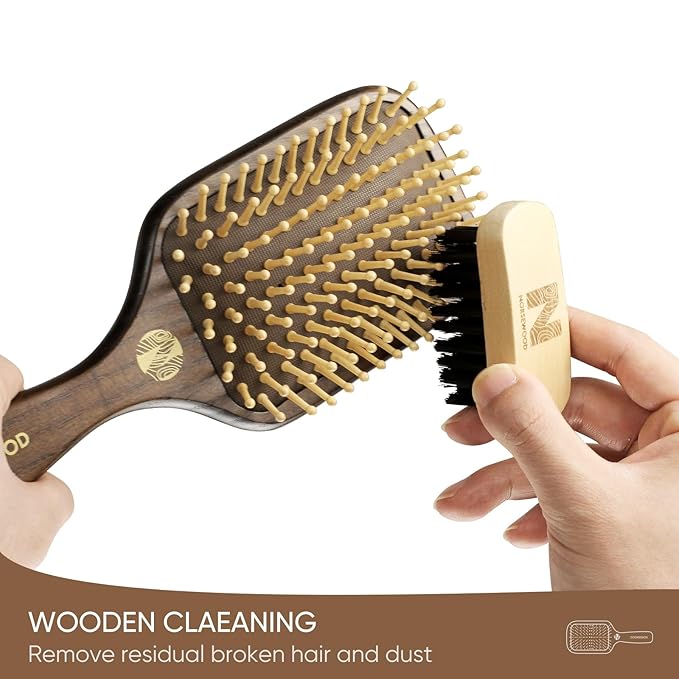 100% Natural Wood Hairbrush for Massaging Scalp,for Most Hair Types, Wooden Bristle for Reducing Damage, Scalp Massager Perfect for Women, Men & Kids