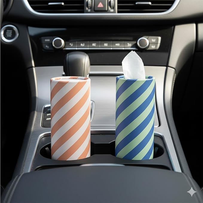 Car Tissues Cylinder, 4-Pack, 50 Tissues per Canister, 3-Ply (200 Total), Facial Tissues for Car Cup Holder, Round Car Tissue Box Holder, Duotone Edit