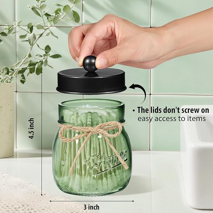 SheeChung Green Glass Qtip Holder Dispenser, Mason Jar Apothecary Jars with Lids, Bathroom Organizers and Storage, Vanity Countertop Canisters Set for Cotton Swab, Ball, Pad, Floss Pick-Black, 2 Pack