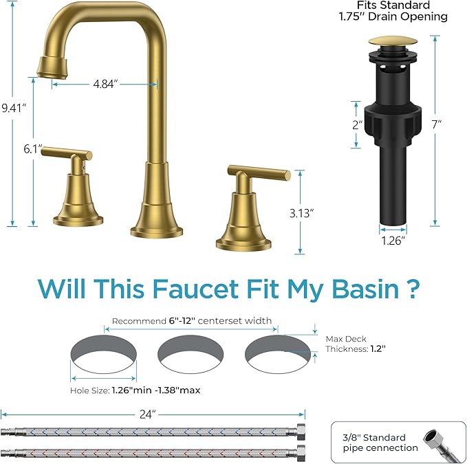 FORIOUS 3 Hole 8 Inch Widespread Bathroom Faucet in Brushed Gold - 2 Handle Bathroom Sink Faucets with Pop Up Drain Assembly and 2 Water Supply Lines for RV Bath Vanity Farmhouse, 360°Swivel Spout