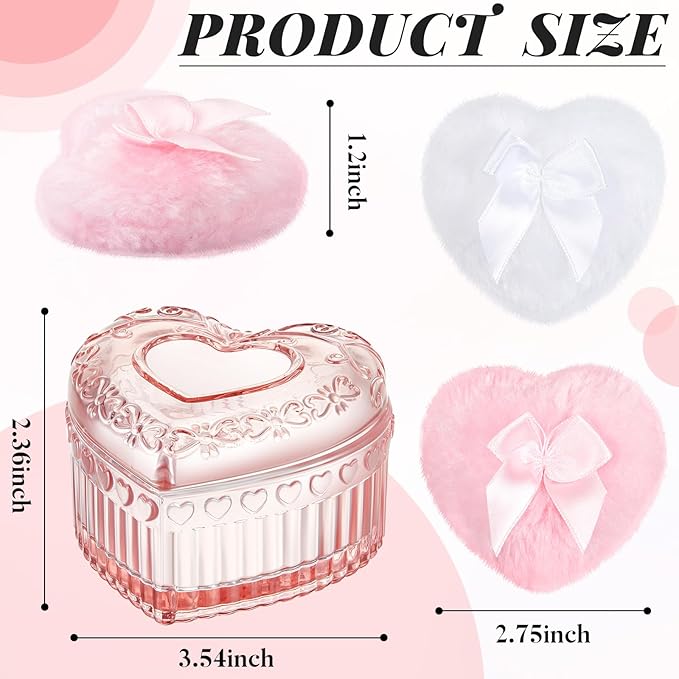 Tioncy 3 Pcs Large Body Powder Puff and Container Mother's Day Gift Powder Container with Puff Crystal Case Soft Washable Reusable Velour Face Body Glitter Wet Dry Makeup(Pink, Heart)