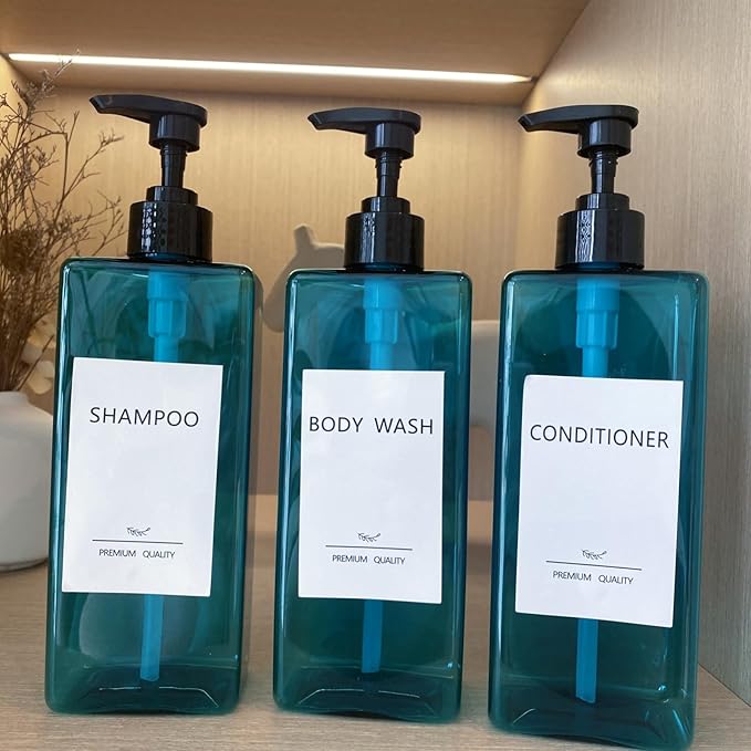 Shampoo and Conditioner Dispenser Set, 3Pack Refillable Shampoo and Conditioner Bottles with Labels, 500ml Soap Dispenser 16.9oz Shower Dispenser Square Pump Bottle for Bathroom and Kitchen - Sea Blue