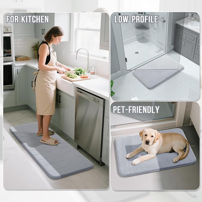 Yimobra U-Shaped Toilet Bath Mat Set 2 Piece - Super Soft Absorbent Quick Dry Memory Foam Bathroom Rugs, Machine Washable Non Slip Floor Carpet for Tub Shower & Single Sink (17x24 & 24x20, Silver)