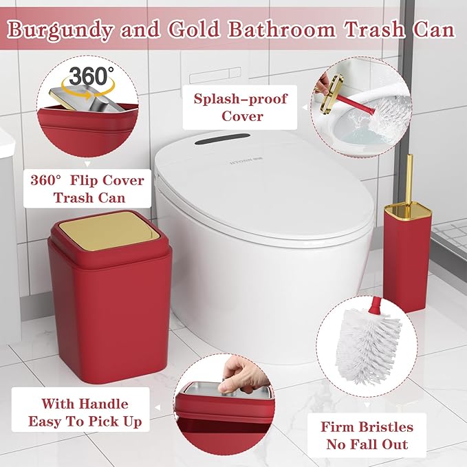 Burgundy Bathroom Accessories Set with Shower Curtain and Rugs, Dark Red Bathroom Accessories with Trash Can,Toothbrush Holder and Cup,Soap Dispenser,Tray,Soap Dish,Toilet Brush,Qtip Holders