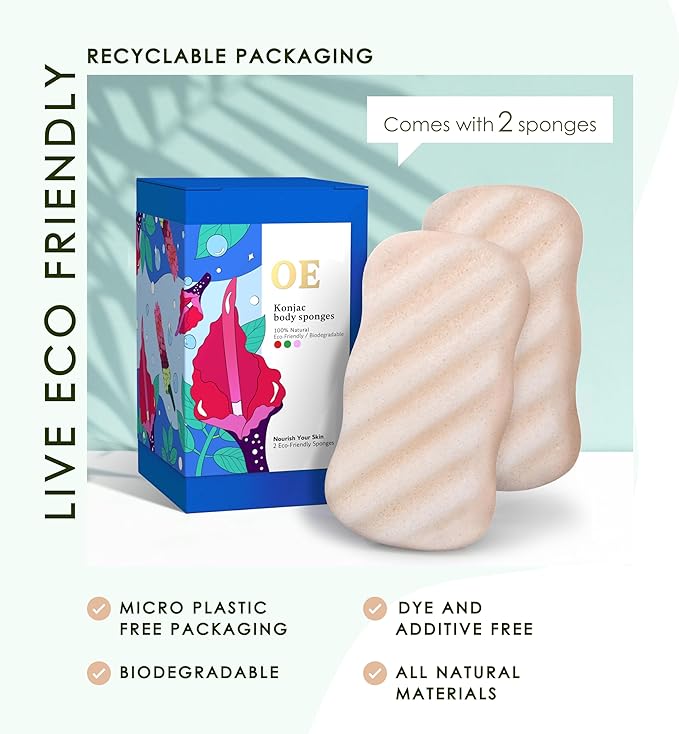Konjac Sponge Body (2 Pack) | Microplastic Free 100% Natural | Non-Toxic | Biodegradable | Eco-Friendly | Plastic Free Packaging