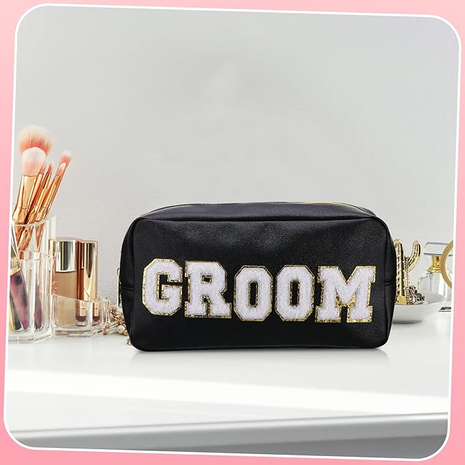 Oudain 2 Pcs Bride and Groom Makeup Bag Letter Patch Cosmetic Travel Toiletry Bag Women PU Leather White Portable Bride Purse Wedding Pouch for Bridal Shower Gift Bachelorette Party Favor
