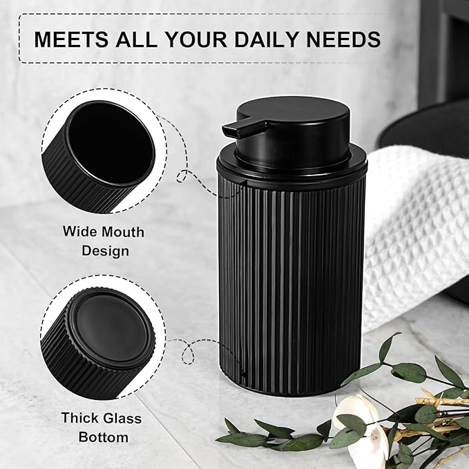Matte Black Foaming Soap Dispenser, 2 Pack Ribbed Glass Foam Hand Soap Dispenser for Bathroom, Refillable Foaming Pump Bottle with Black Pump, Modern Dish Soap Foam Dispenser