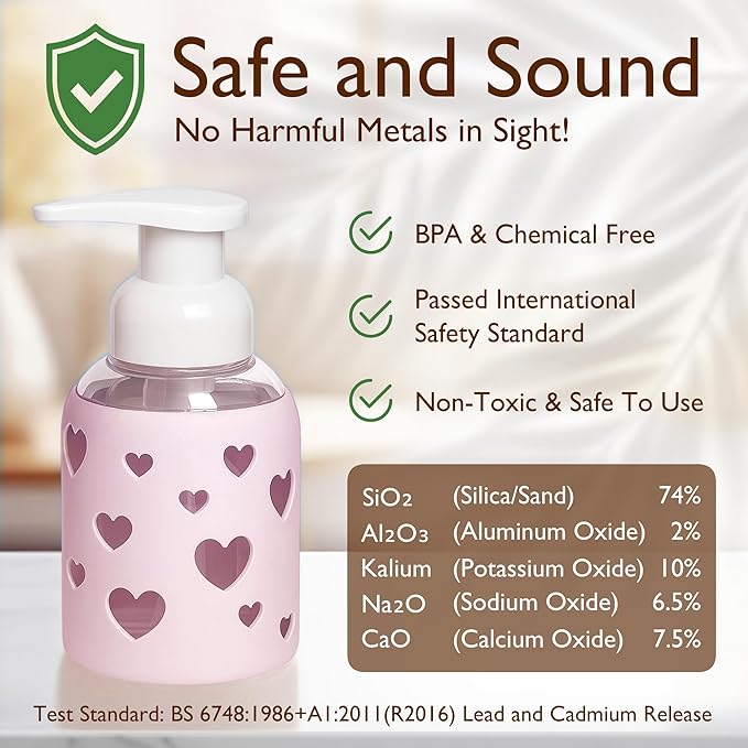 SoCal Suds & Company Foaming Hand Soap Dispenser Glass, Liquid Soap Pump with Heart Silicone Sleeve, Refillable Bottle for Kids, Baby Wash & Shampoo, Ideal for Bathroom & Kitchen Use, Soft Pink, 8oz