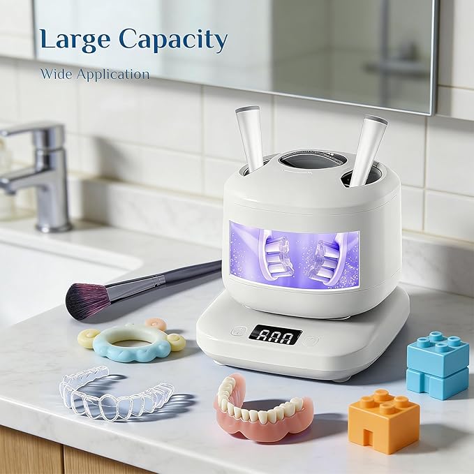 Portable Ultrasonic Retainer Cleaner, 42kHz High-Frequency, 4 Modes, IPX7 Waterproof Detachable Tank SUS304 Stainless Steel for Travel & Home Use, Fits Full Dentures