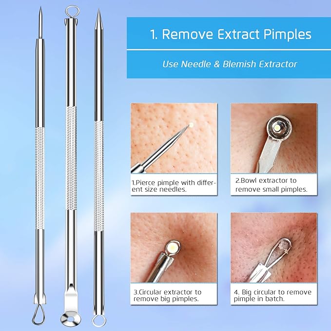 Best Blackhead Remover, Blackheads Blemish Removing, Acne Whitehead Removal Kit, Pimple Comedone Extractor Tool, Popper Pimples Treatment, with Tweezers, Risk Free for Face Forehead Nose