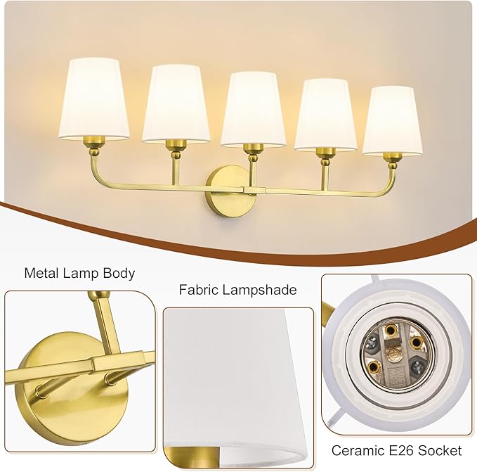 Bathroom Vanity Light, Brushed Gold Bathroom Light Fixtures, 5-Light Lighting Fixtures Over Mirror, Modern Wall Sconce with Flared White Fabric Shade, E26 Socket(ETL Listed)