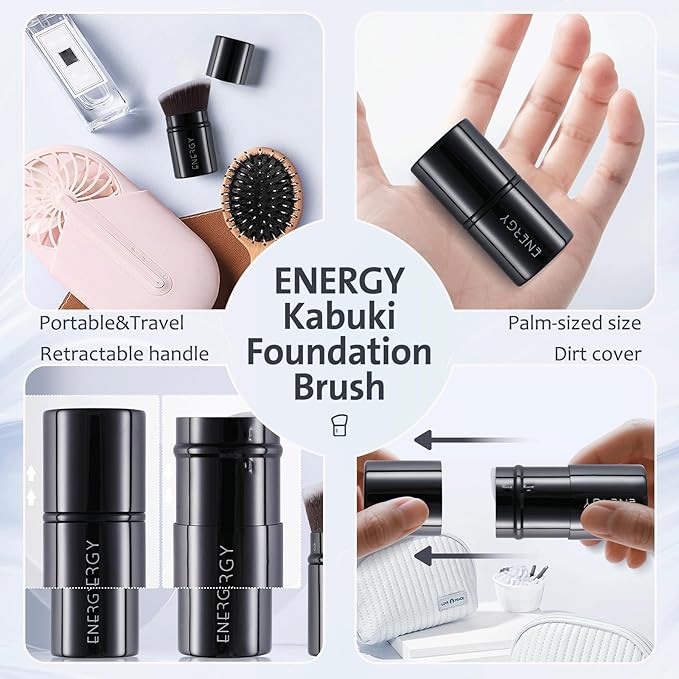 ENERGY Kabuki Foundation Brush Mini - Makeup Brush Retractable Travel for Liquid Loose Powder & Blush Buffing, Bronzer & Cream Blending, Angled Face Cosmetic Brushes Cruelty Free With Cover (Black)