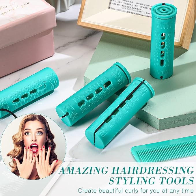Chuangdi 24 Pcs Hair Perm Rods Plastic Cold Wave Perming Curlers Hair Rollers with Steel Pintail Comb Rat Tail Comb Tools for Hairdressing Styling(Green,0.98 Inches)