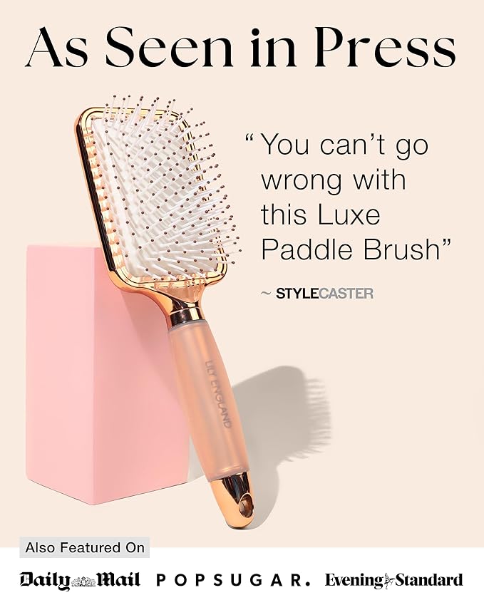 Lily England Paddle Hair Brush for Women with All Hair Types - Professional Hairbrush for Blow Drying, Detangling & Straightening - Smooth Brush with Gel Handle for Easy Grip, Rose Gold-White