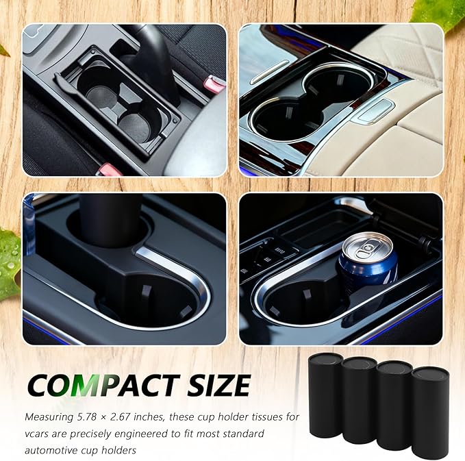 4PCS Car Tissue Holder,Pull Out Minimalist Car Tissues Cylinder with 30-Count Facial Tissue Per Box,Portable Cup Holder Tissues for Cars as Cars Trash Can/Coin Holders (Black)