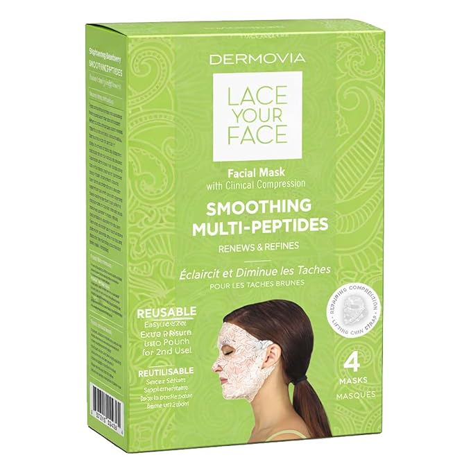 DERMOVIA LACE YOUR FACE Patented Compression Facial Mask, AS SEEN ON SHARK TANK, Reusable Biodegradable Cotton Anti Aging Skin Care, Smoothing Peptides, 4 pack