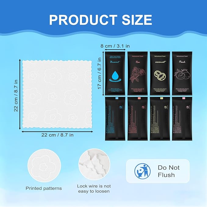 Moist Cotton Towel Bulk Moist Towelettes Individually Wrapped 8.7"x 8.7",White Towel Services,Refreshment Pre Moistened Towels Peach,Rose,Coconut and Unscented for Sport Party Spa(pack of 40)