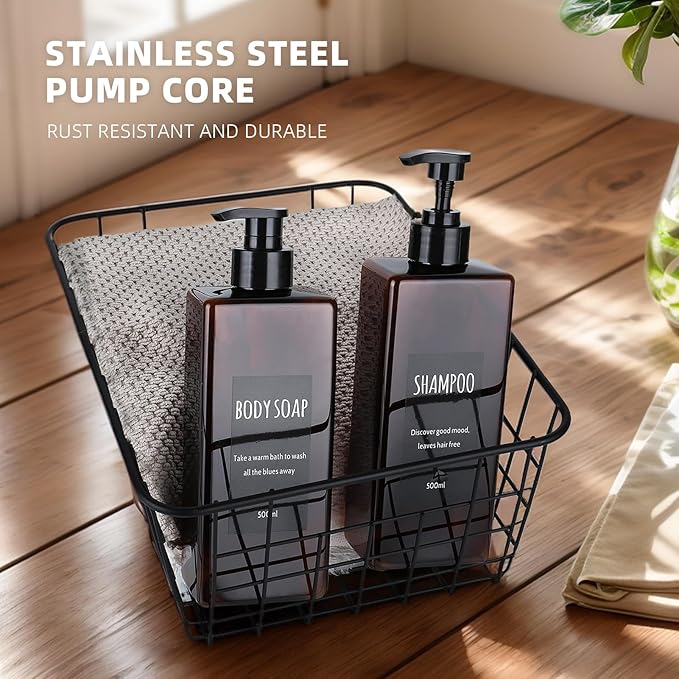 Shampoo and Conditioner Dispenser (Set of 2, 16.9oz) Modern Refillable Shampoo Pump Bottles for Shower Soap - Empty Body Wash Dispenser Set for Bathroom (Amber)