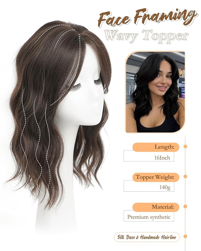 PANEWAY Hair Topper 16 Inch, Wavy Curly Soft Brown Clip-in Wiglet for Women, Synthetic Top Piece to Add Volume & Thickness