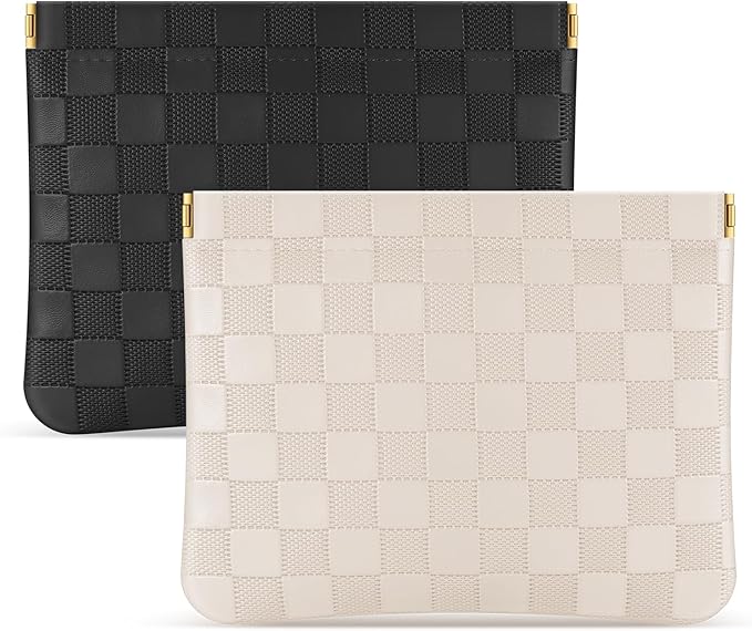 Sightor 2PCS Pocket Cosmetic Bag for Purse, Checkered Makeup Bag Portable Leather Cosmetic Bag for Women, Coin Purse Lipstick Cosmetic Accessories Organizer Travel Cosmetic Pouch (Black, Beige, L)