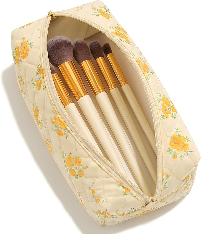 Floral Quilted Cotton Makeup Bag for Women, Large Capacity Travel Cosmetic Pouch with Zipper, Cute Toiletry & Brush Organizer, Kawaii Makeup Storage Case – Yellow/Orange Flowers