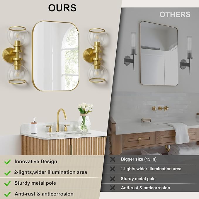 Bathroom Sconces Set of Two, Brushed Gold Wall Sconces with Clear Glass, Hardwired Modern Sconces Wall Decor Set of 2, Wall Light Fixtures for Bathroom Living Room Mirror Hallway Bedroom