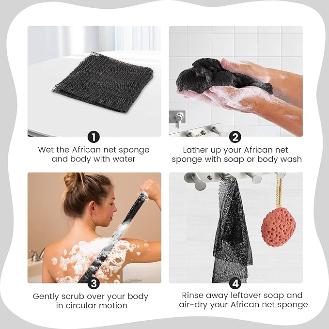 African Net Sponge, Authentic Exfoliating Body Scrubber for Bath and Shower, Multiple Textures with Gentle Deep Exfoliating and Rich Lather for All Skins (Black)