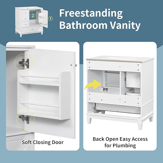 30" Bathroom Vanity with Sink, Harper & Bright Designs Free Standing Single Vanity Set with 3 Drawers and One Door with Storage Racks, Solid Wood Storage Cabinet with Ceramic Basin for Bathroom, White
