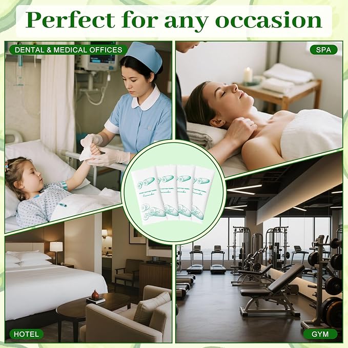 Moist Cotton Towel Bulk Moist Towelettes Individually Wrapped,White Towel Services,Refreshment Pre Moistened Towels for Dentist Travel Sport Party Hotel 50，Green tea (pack of 50, Cucumber)