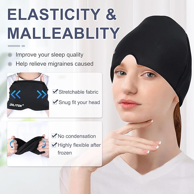 EXQUISLIFE Migraine Headache Relief Cap, Gel Ice Head Wrap, Hot and Cold Therapy, Headache Eyes Mask for Sinus, Puffy Eyes, Tension and Stress Relief (Black)