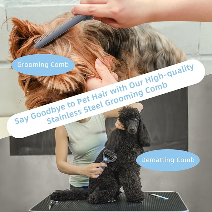 Wisedog Pet Grooming Tool Kit - Nail Clipper Set, Dematting & Grooming Combs, Bath Brush, Hair Removal Mitts (Upgraded Blue)