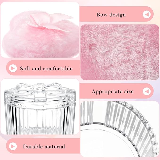 Tioncy 3 Pcs Large Body Powder Puff and Container Valentine's Day gift Powder Container with Puff Crystal Case Soft Washable Reusable Velour Face Body Glitter Wet Dry Makeup(Round Bow,Clear)