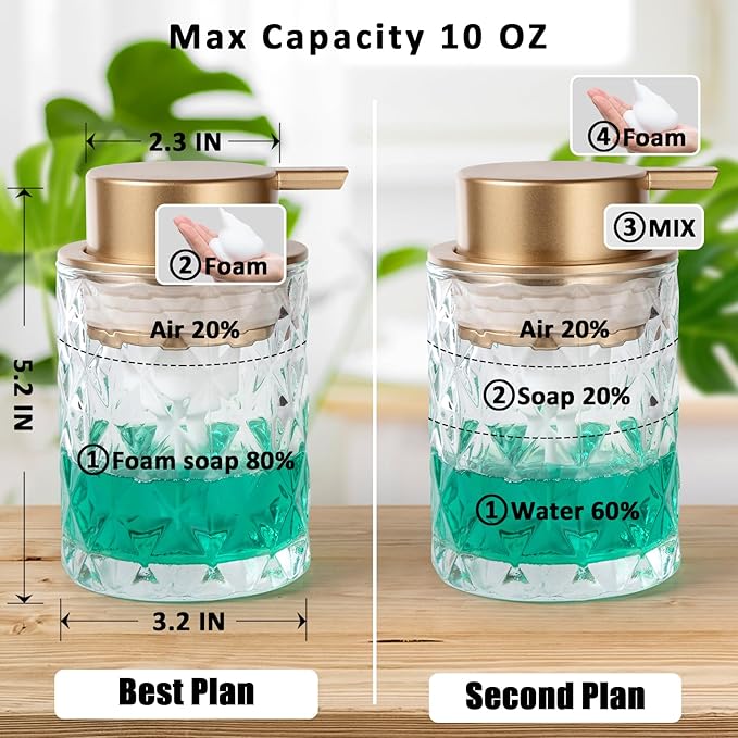 Bathroom Glass Soap Dispenser with Durable Rust-Proof Plastic Foam Pump Hand Lotion Dispenser Antislip Shampoo Kitchen 10oz 2 Pack