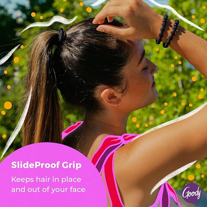 Goody Ouchless No Slip Hair Ties, 10 Ct, Black, 4MM Rubber Bands, SlideProof, Pain-Free Styling Accessories for Women & Men, Made for Long-Lasting Braids, Ponytails & More, All Hair Types