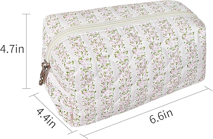 Quilted Makeup Bag Floral Cotton Make up Bag Puffy Coquette Makeup pouch Aesthetic Cute Travel Toiletry Bag for Women Girls