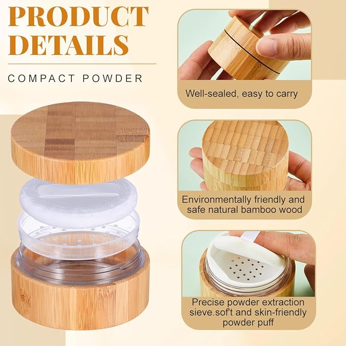1Pk (30ml/1oz) Bamboo Empty Loose Powder Puff Case Container With Soft Sponge Puff and Sifter Lids Refillable Face and Baby Skin Care Talcum Powder Storage Holder For Travel Home Daily Use
