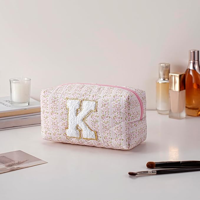 JOVAKIT Alphabet Makeup Bag Cosmetic Bag for Women, Christmas Gifts for Girls Age 6-18, Floral Flowers Coquette Travel Toiletry Zipper Make Up Pouch Organizer Trendy Stuff (Pink Floral K)