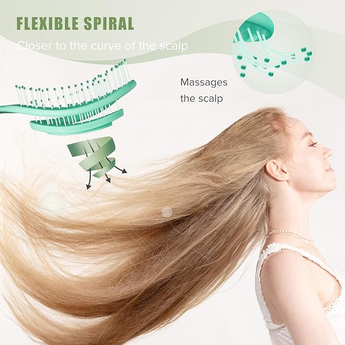 Hair Brush, Detangle Anti Tangle Brush, Spiral Hairbrush for Wet & Dry Hair, Women, Men, Kids, Glide Through Tangles For All Hair Types, Green
