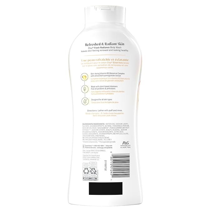 Olay Body Wash for Women, Fresh Radiance, Refreshing & Renewing, Made with Plant Based Cleansers, B3 Botanical Complex, For All Skin Types, Pineapple & Coconut Water Scent, 22 fl oz (Pack of 4)