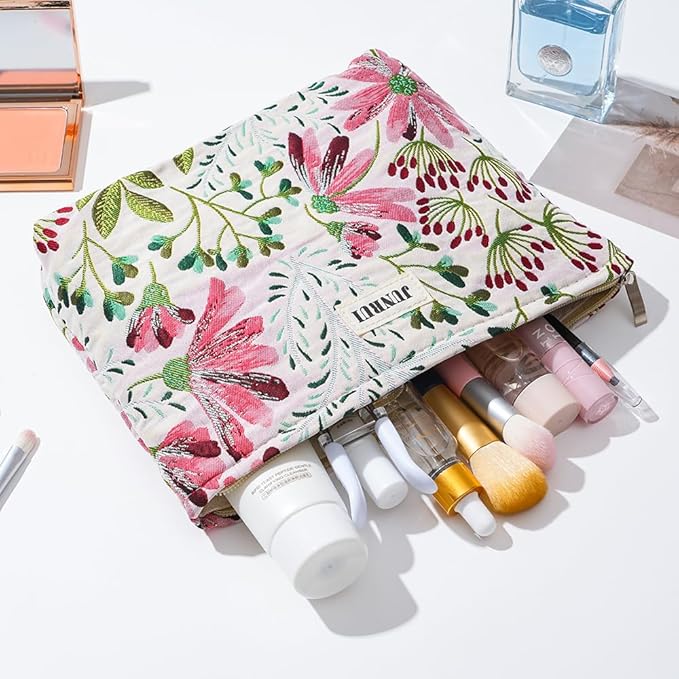 Makeup Bag Small Cute Cosmetic Bags for Women，Floral Travel Toiletry Bag for Purse, Large Canvas Cosmetic Pouch Makeup Organizer Tool Pouch with Zipper（Colorful Plant）