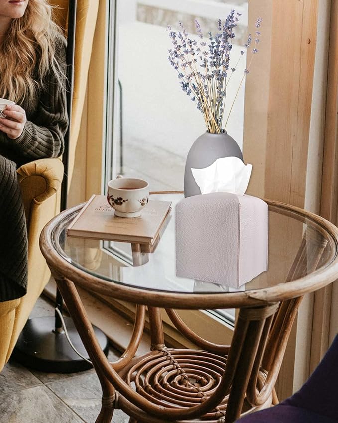 Light Purple Tissue Box Cover Square – with Bottom Belt [JESMINI] Modern PU Leather Tissue Box Holder Decorative for Bathroom Vanity Countertop/Night Stands/Office Desk, 5x5x5